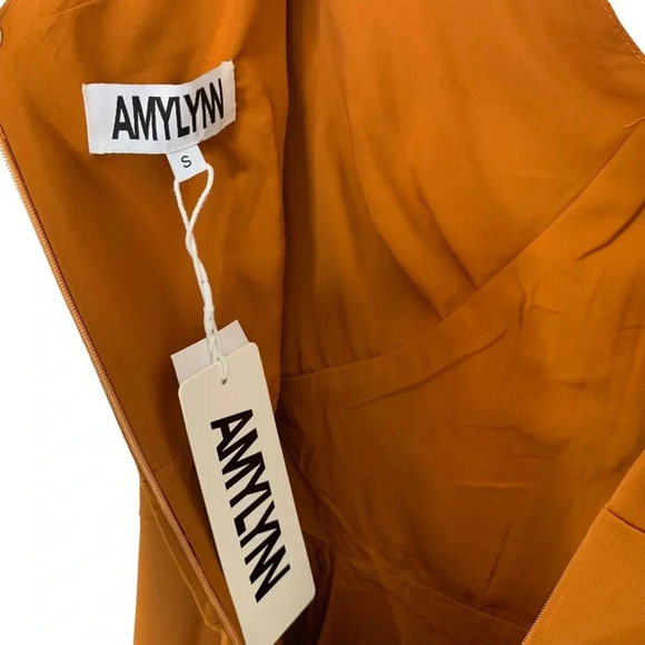 AmyLynn Amoura Ruffle Midi Satin Wedding Guest Dress Tan Size S NWT - Picture 9 of 10